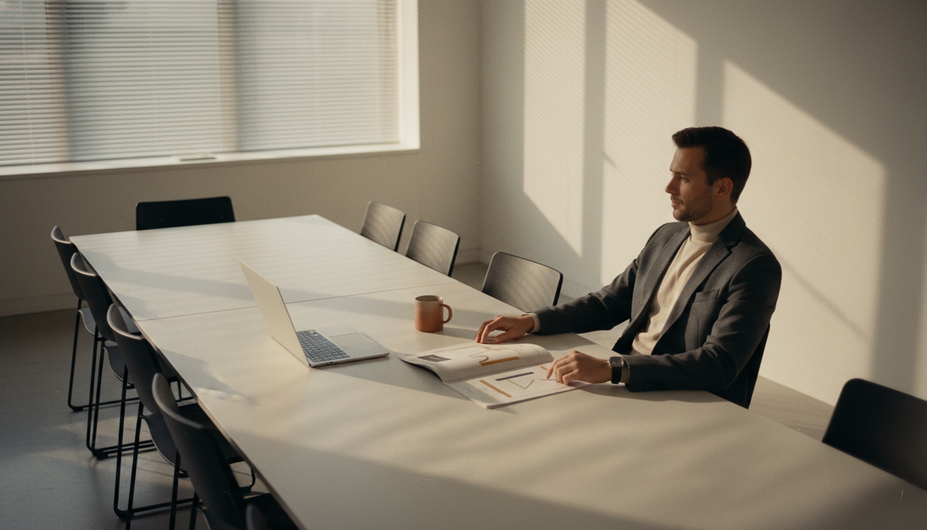 Professional reviewing AI-generated meeting summary notes in a quiet office after a meeting