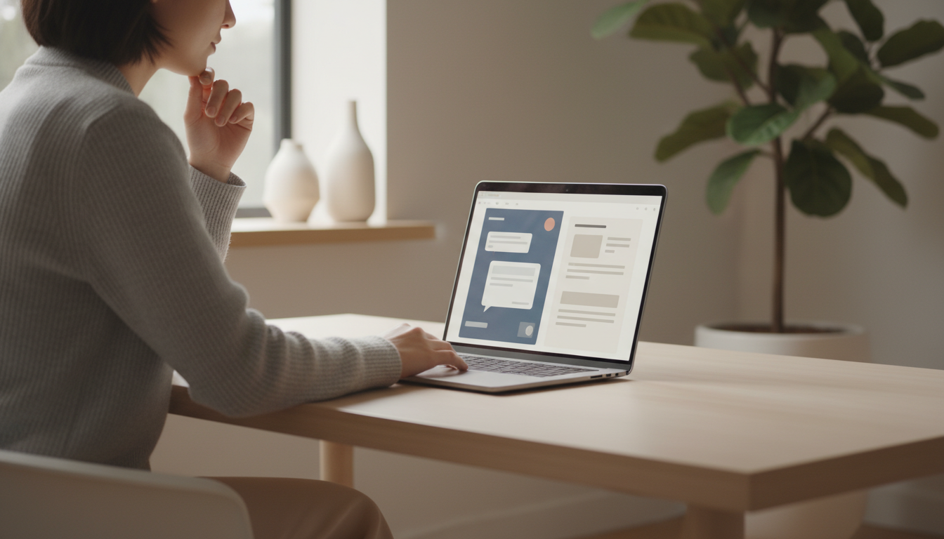 Knowledge worker reviewing an AI writing tool output alongside a document draft on a laptop