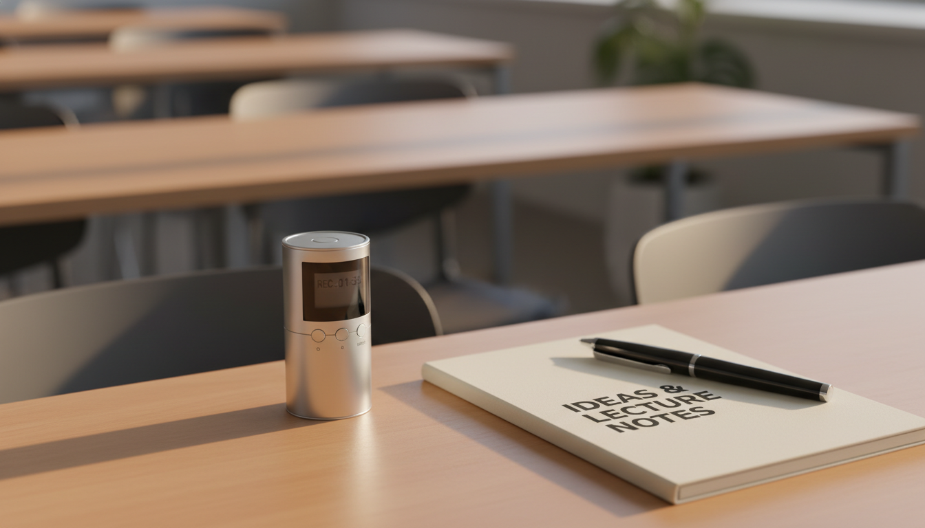 A voice recorder on a lecture hall desk beside a notebook, representing in-person AI note taking
